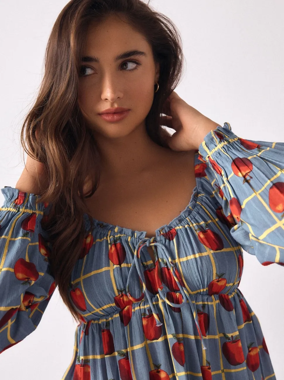 Blue Apple Print Long Sleeve Milkmaid Top