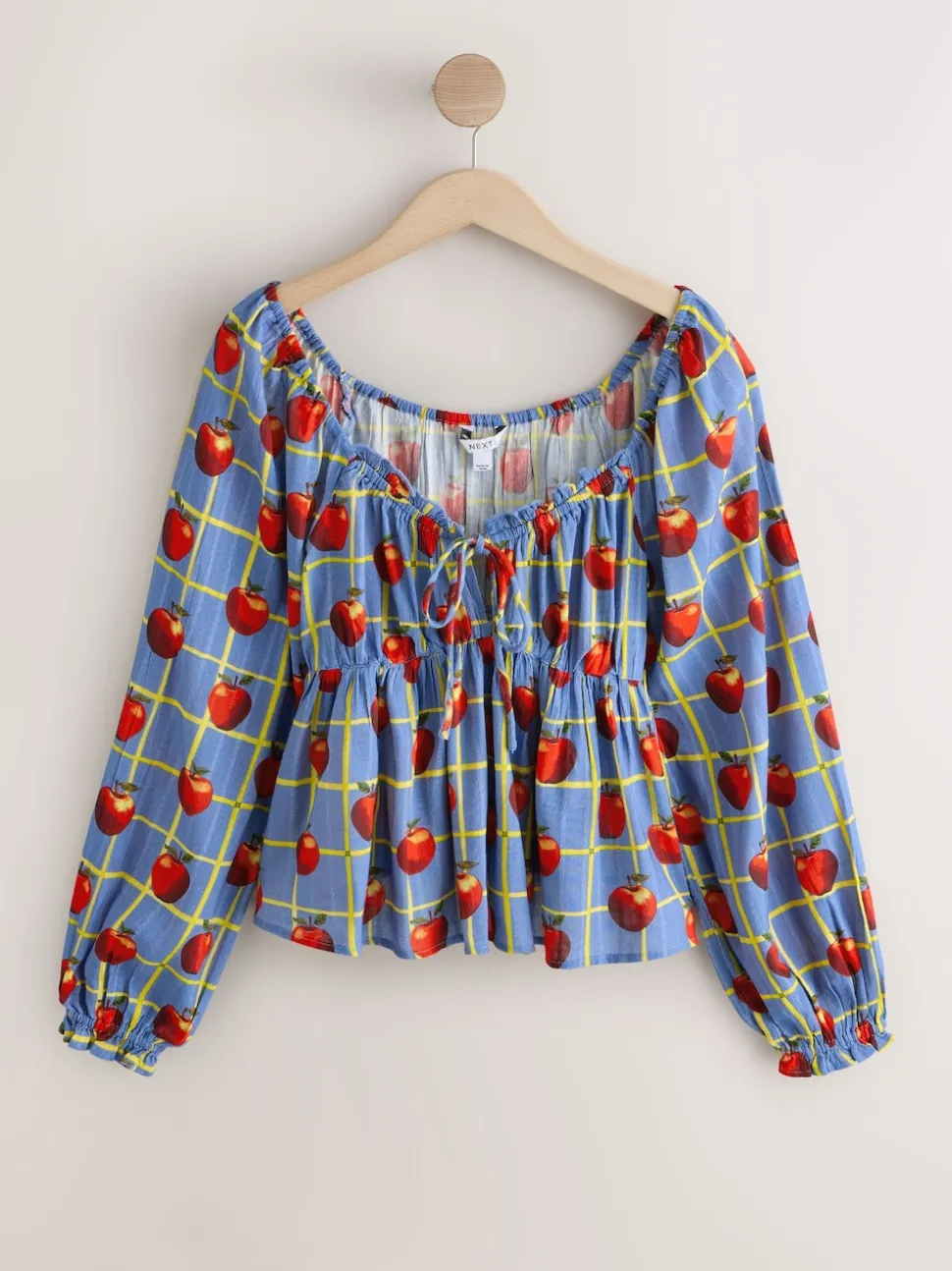 Blue Apple Print Long Sleeve Milkmaid Top