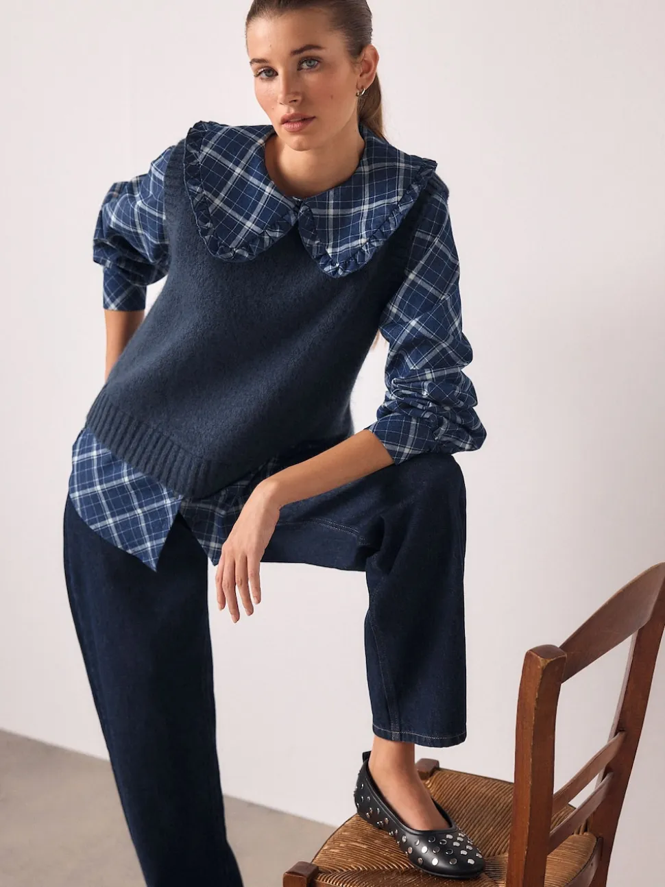 Blue Check Frill Collar Shirt Layer Knitted Tank