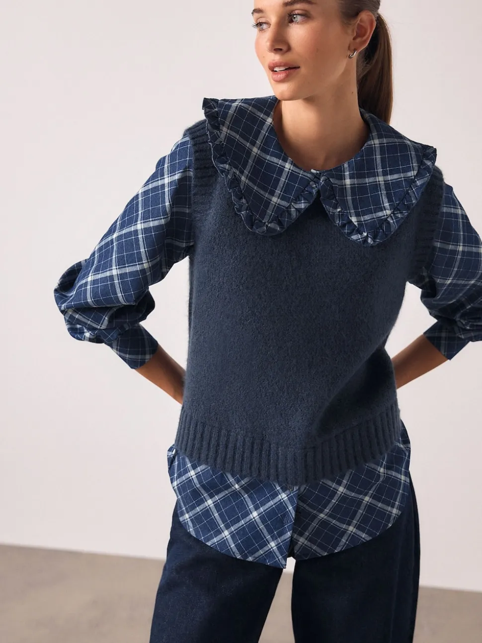Blue Check Frill Collar Shirt Layer Knitted Tank