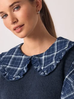 Blue Check Frill Collar Shirt Layer Knitted Tank
