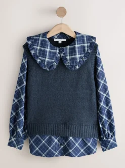 Blue Check Frill Collar Shirt Layer Knitted Tank