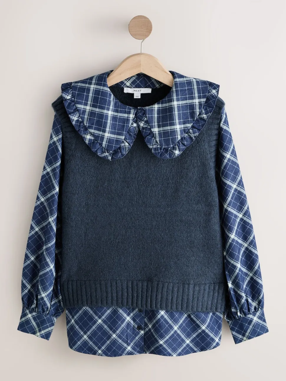 Blue Check Frill Collar Shirt Layer Knitted Tank