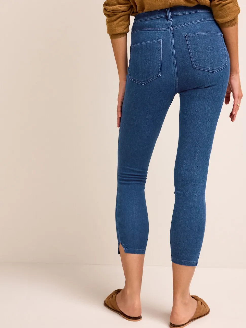 Blue Dark Wash Cropped Denim Jersey Leggings