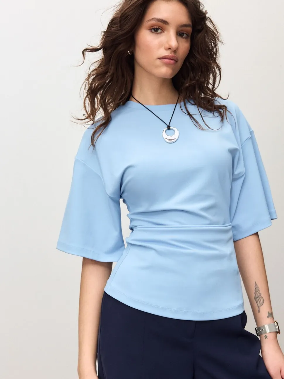 Blue Drape Cinched Waist Half Sleeve Top