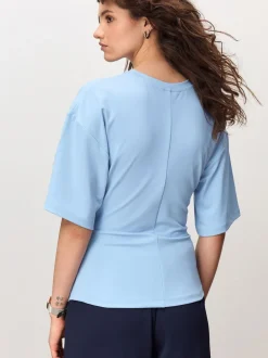 Blue Drape Cinched Waist Half Sleeve Top