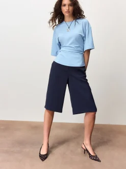 Blue Drape Cinched Waist Half Sleeve Top