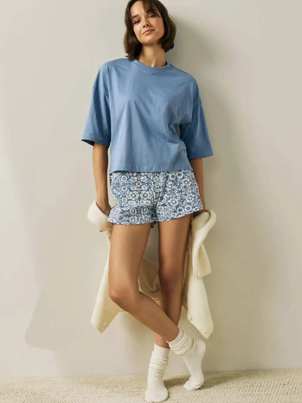 Blue Floral Cotton Short Set Pyjamas