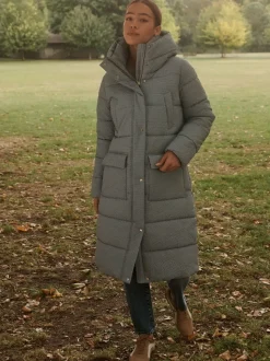 Blue Gingham Shower Resistant Padded Hooded Longline Coat