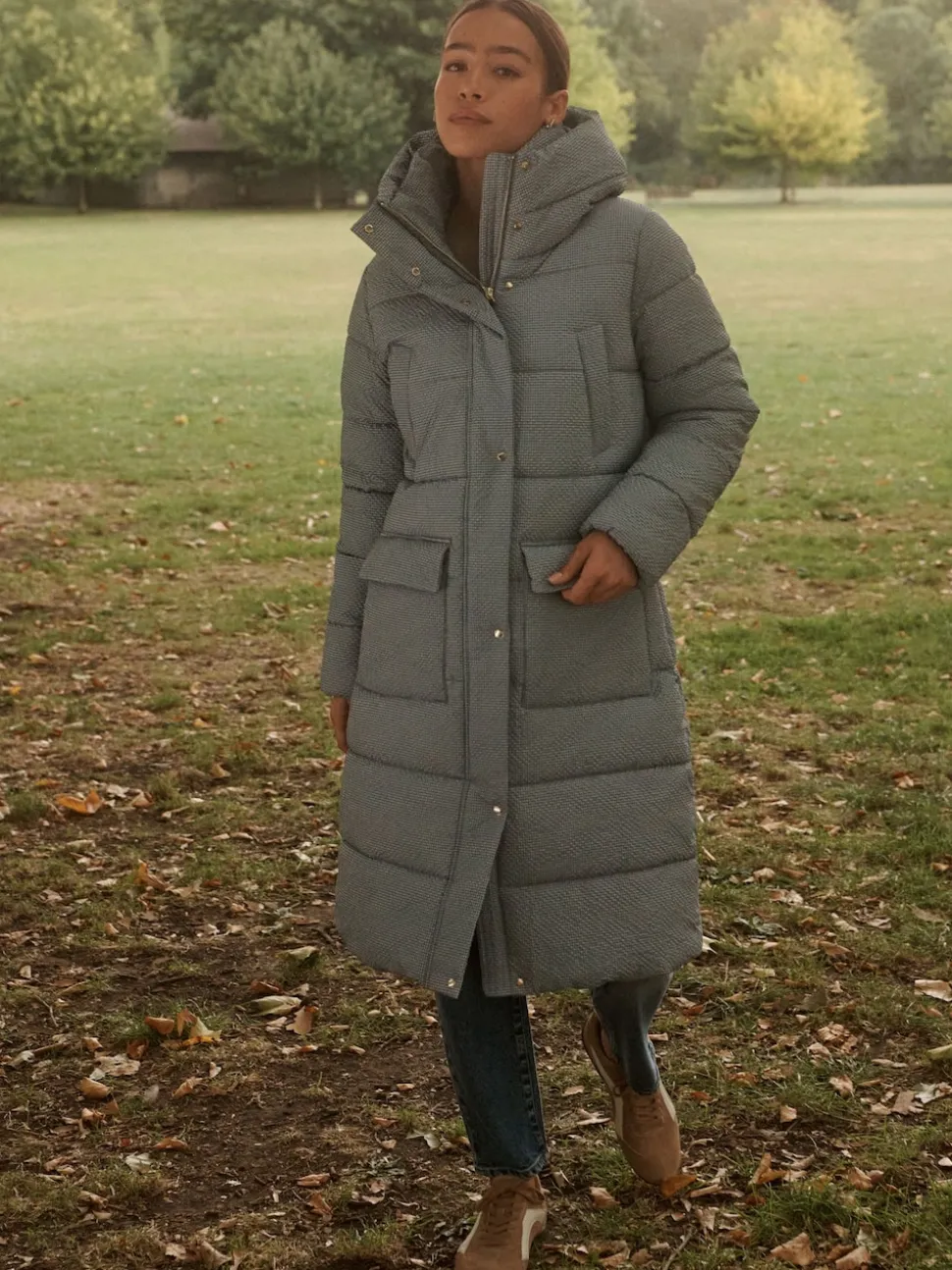 Blue Gingham Shower Resistant Padded Hooded Longline Coat