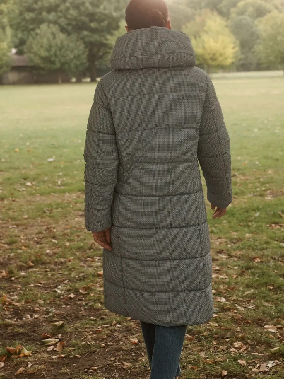 Blue Gingham Shower Resistant Padded Hooded Longline Coat