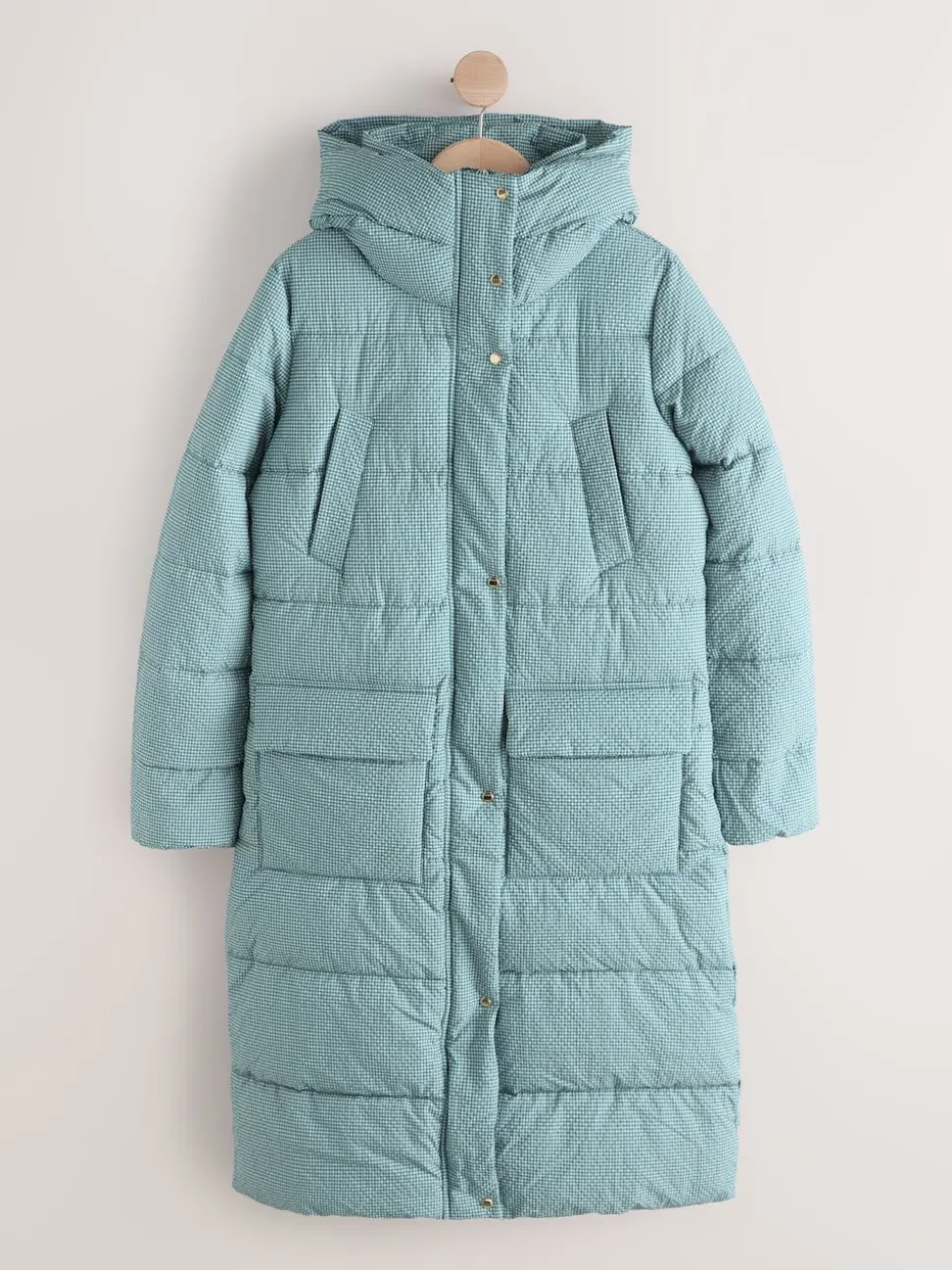 Blue Gingham Shower Resistant Padded Hooded Longline Coat
