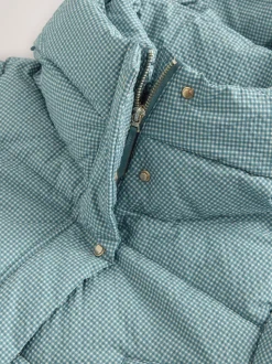 Blue Gingham Shower Resistant Padded Hooded Longline Coat
