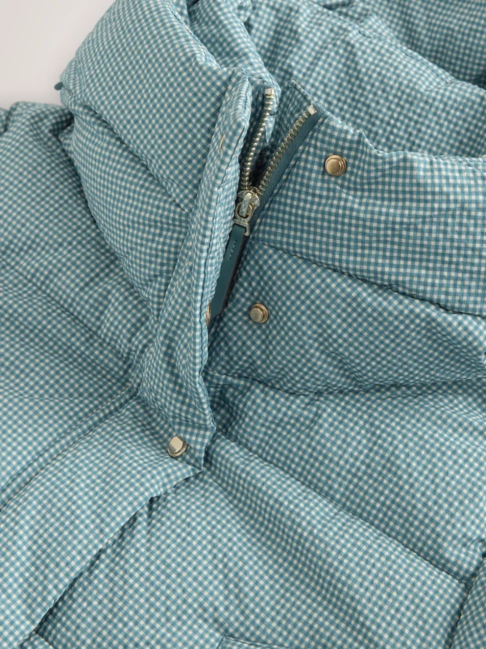 Blue Gingham Shower Resistant Padded Hooded Longline Coat