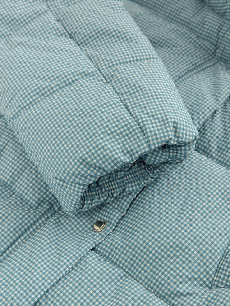 Blue Gingham Shower Resistant Padded Hooded Longline Coat