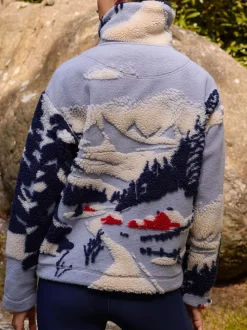 Blue Graphic Winter Scenic Soft Touch Cosy Teddy Borg Quarter Zip Fleece