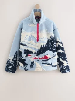 Blue Graphic Winter Scenic Soft Touch Cosy Teddy Borg Quarter Zip Fleece