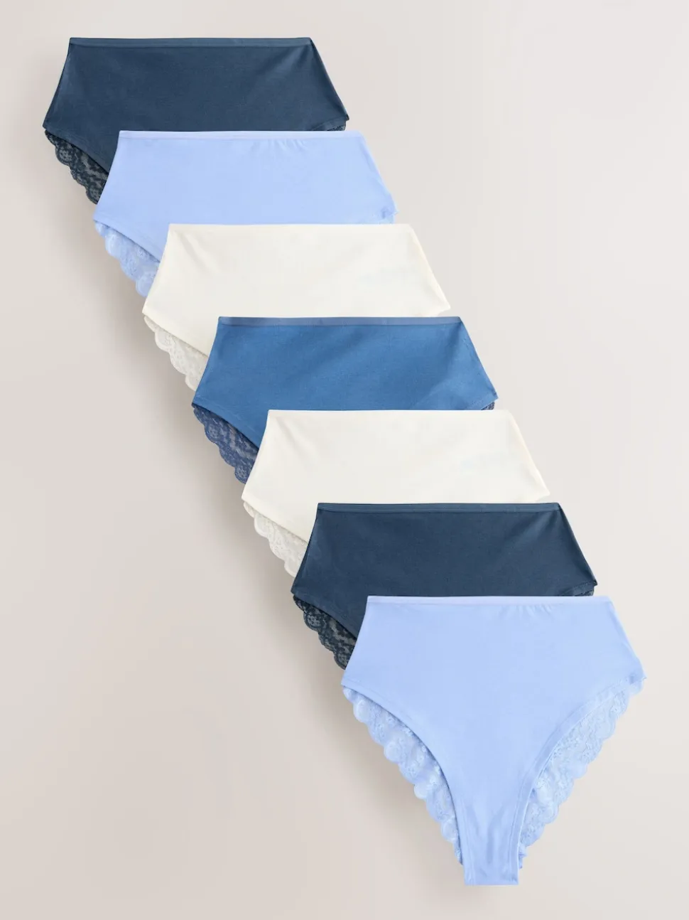 Blue High Waist High Leg Cotton and Lace Knickers 7 Pack