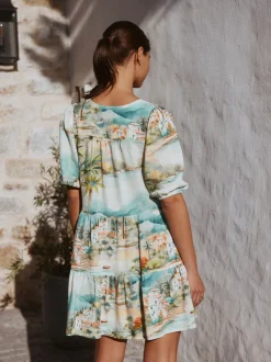 Blue House Print Short Sleeve Button Through Tiered Mini Dress with Linen