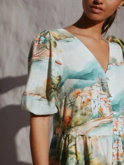 Blue House Print Short Sleeve Button Through Tiered Mini Dress with Linen