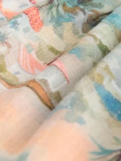 Blue House Print Short Sleeve Button Through Tiered Mini Dress with Linen