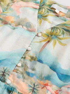 Blue House Print Short Sleeve Button Through Tiered Mini Dress with Linen