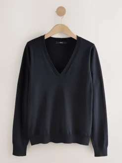 Blue Navy Soft Touch V-Neck Cotton Rich Jumper