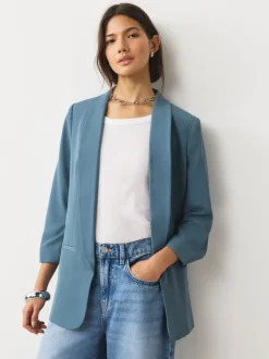 Blue Relaxed Ruched Sleeve Blazer
