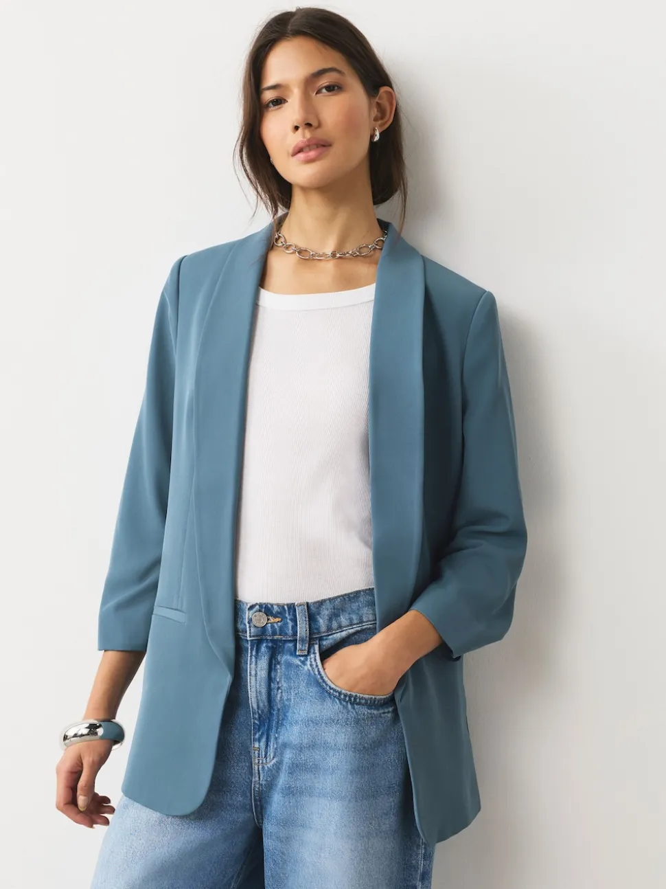 Blue Relaxed Ruched Sleeve Blazer