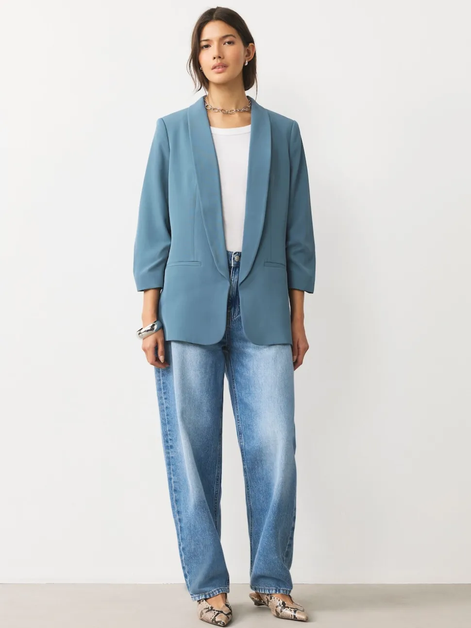 Blue Relaxed Ruched Sleeve Blazer
