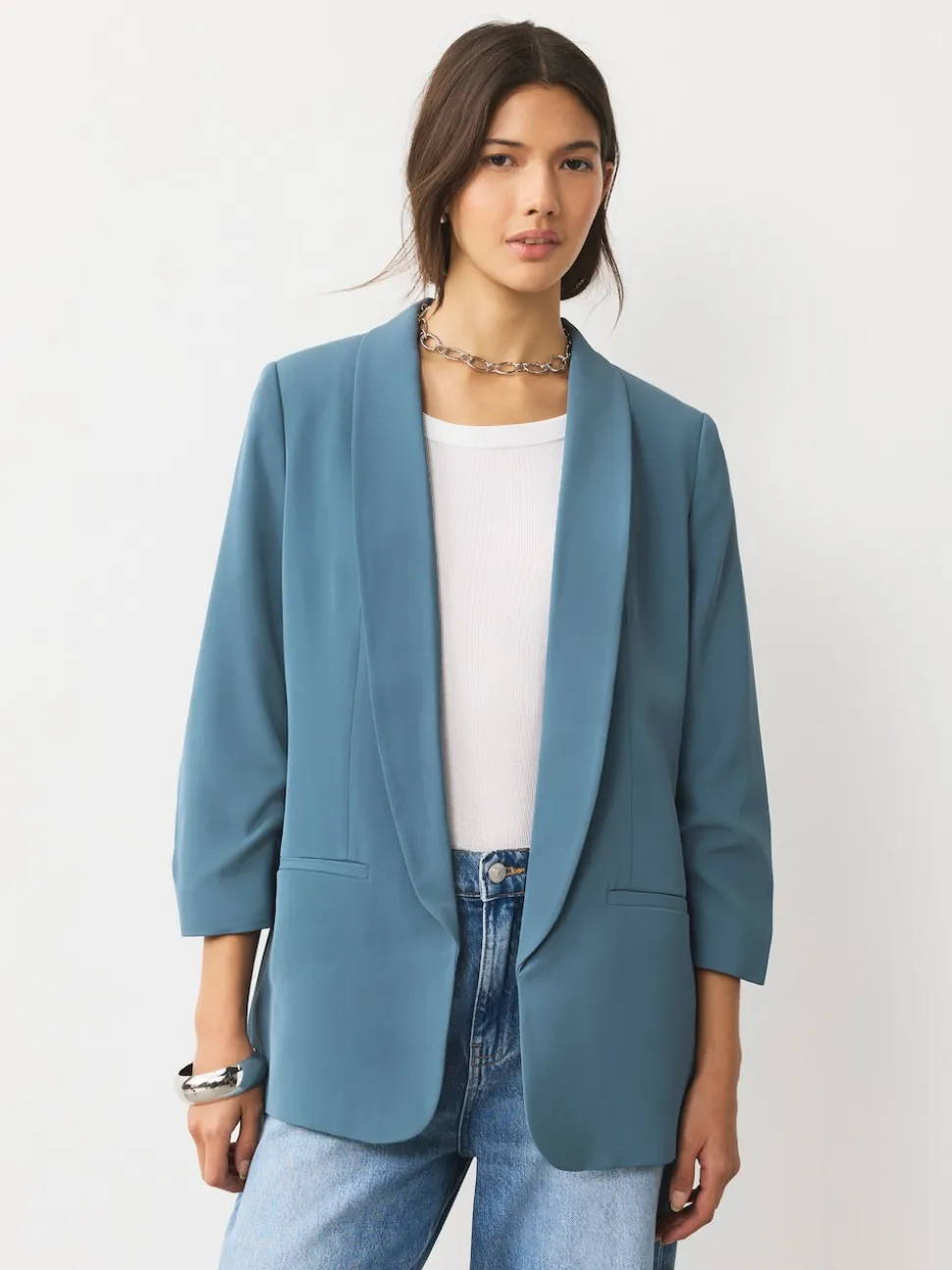 Blue Relaxed Ruched Sleeve Blazer