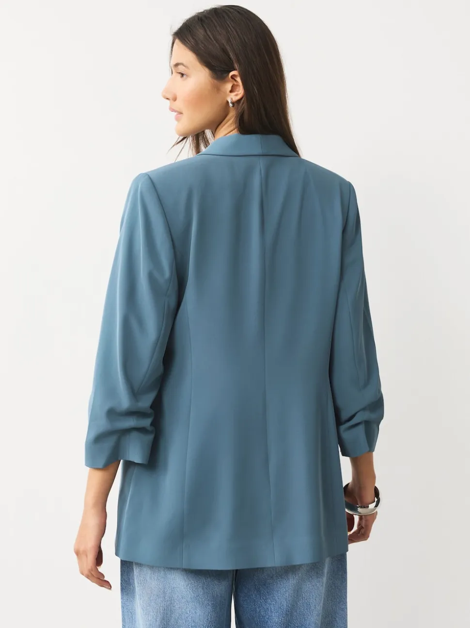 Blue Relaxed Ruched Sleeve Blazer