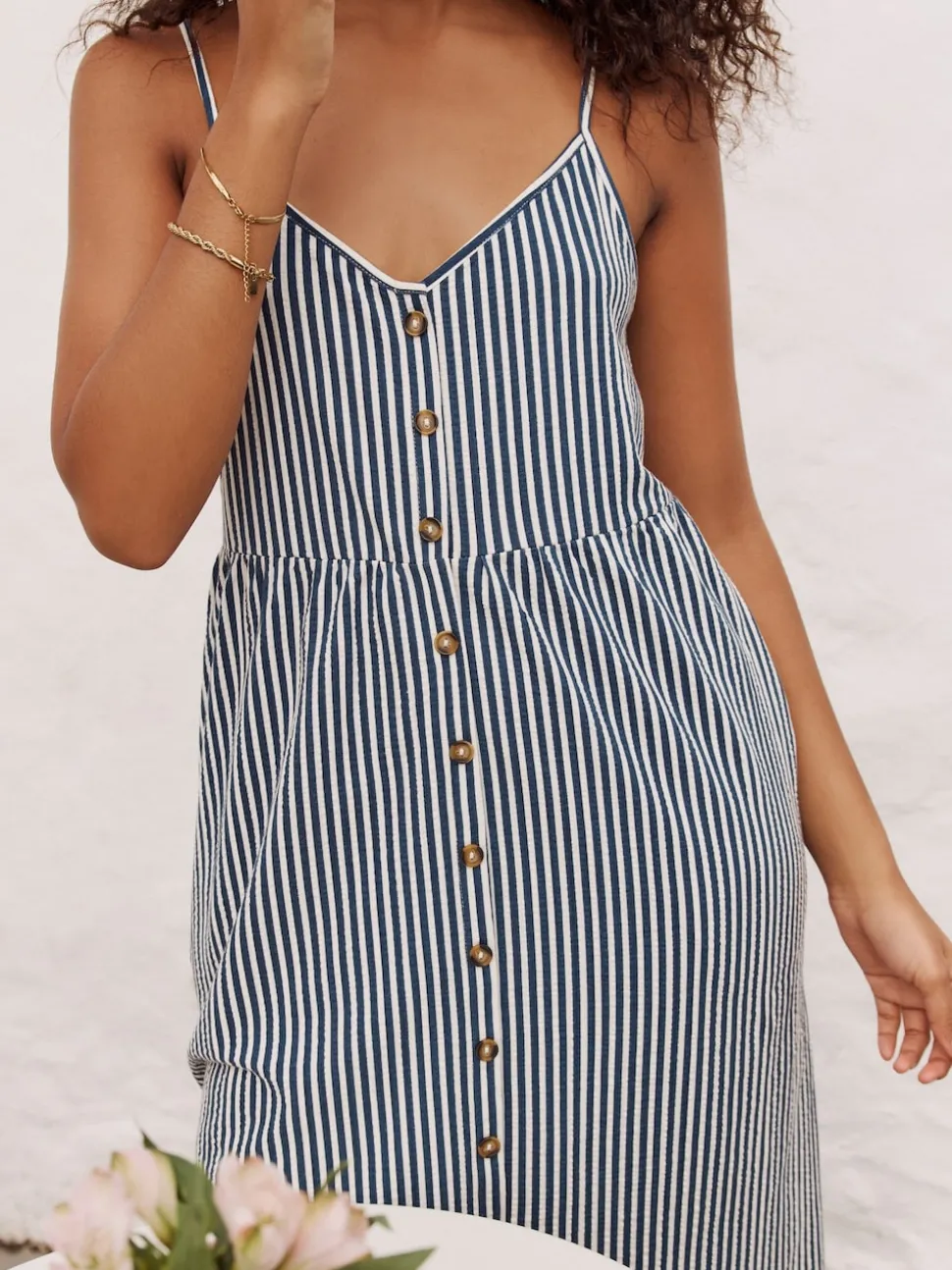 Blue Stripe Jersey Button Down Midi Dress