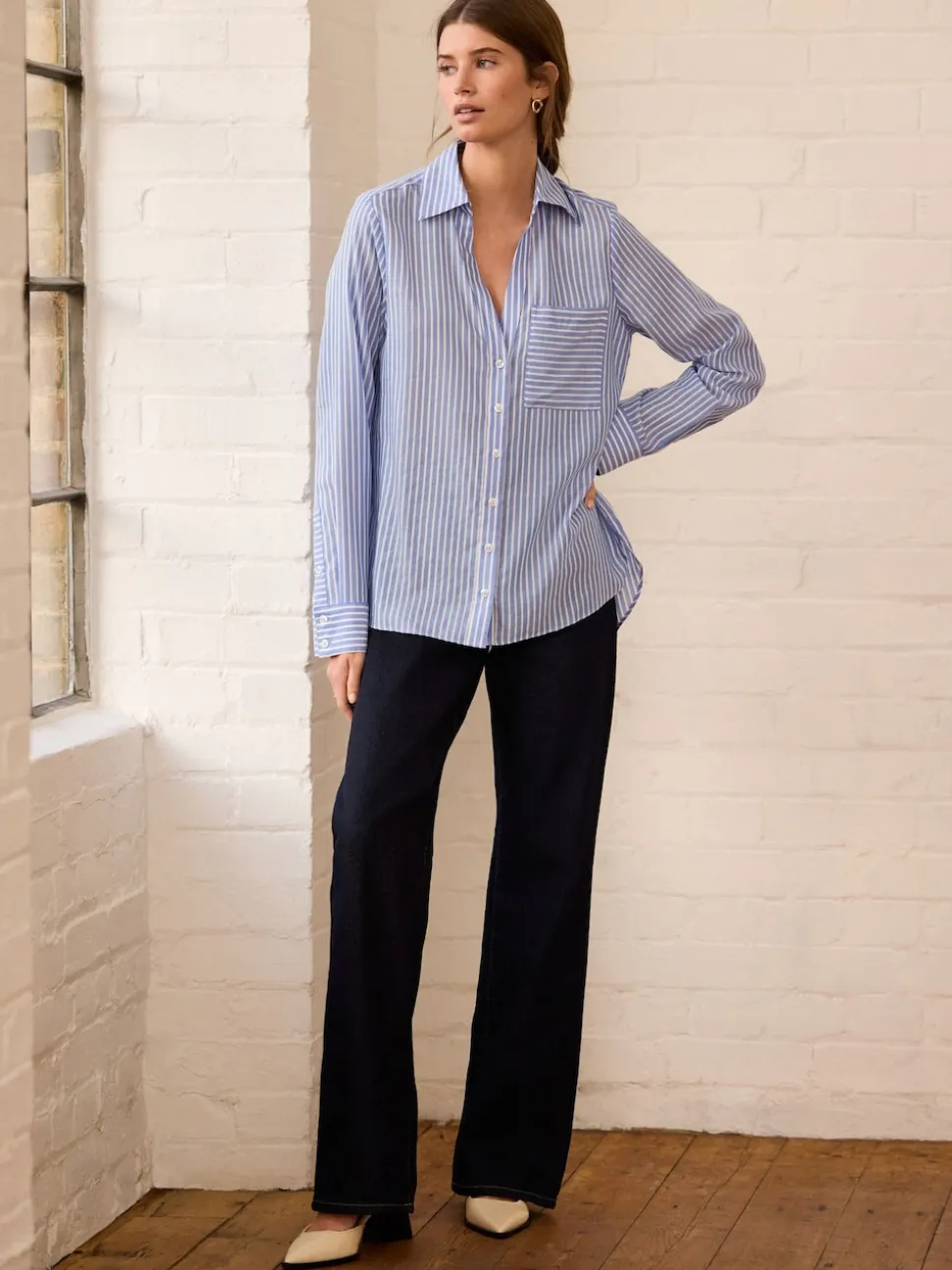 Blue Stripe Soft Relaxed Long Sleeve V Neck Shirt
