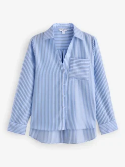 Blue Stripe Soft Relaxed Long Sleeve V Neck Shirt