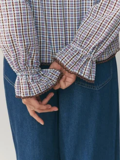 Blue/Brown Check Oversized Collar Long Sleeve Blouse