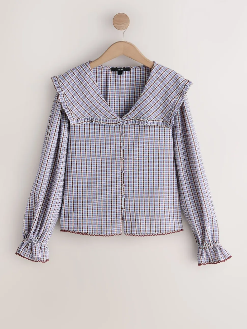 Blue/Brown Check Oversized Collar Long Sleeve Blouse