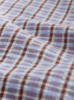 Blue/Brown Check Oversized Collar Long Sleeve Blouse