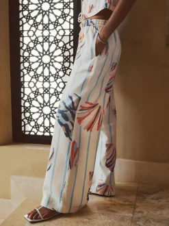 Blue/Ecru Pull On Wide Leg Trousers With Linen