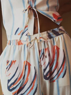 Blue/Ecru Pull On Wide Leg Trousers With Linen