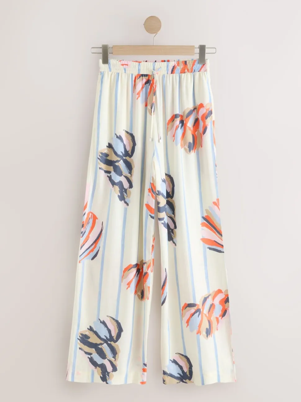 Blue/Ecru Pull On Wide Leg Trousers With Linen