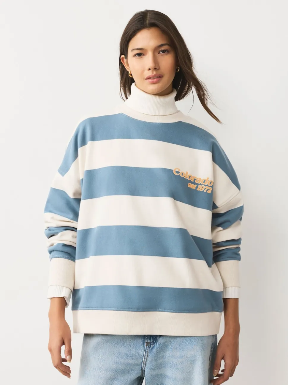 Blue/Ecru Striped Graphic 'Colarado' City Longsleeve Crewneck Sweatshirt