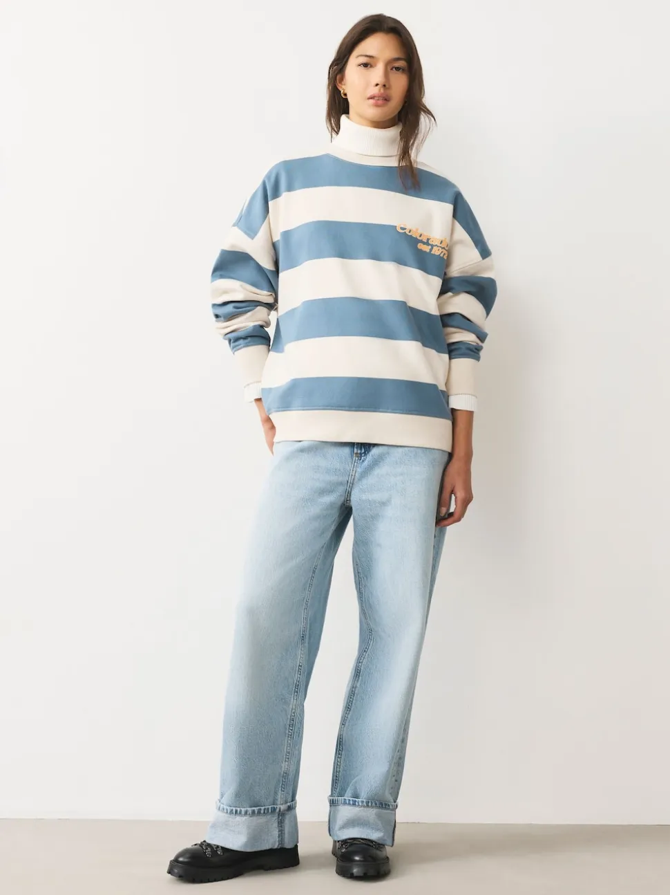 Blue/Ecru Striped Graphic 'Colarado' City Longsleeve Crewneck Sweatshirt