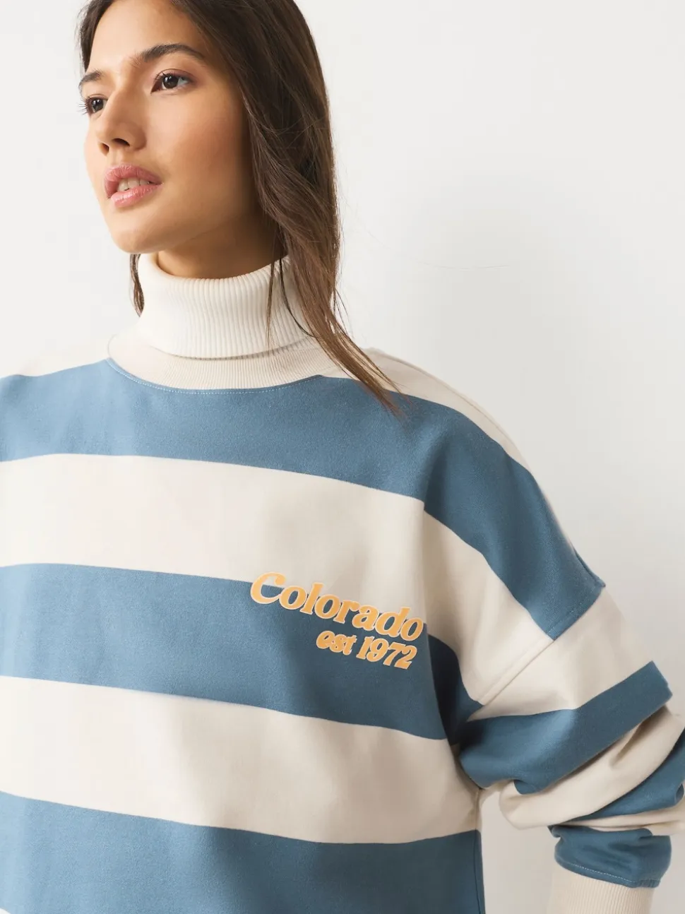 Blue/Ecru Striped Graphic 'Colarado' City Longsleeve Crewneck Sweatshirt