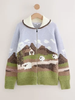 Blue/Green Landscape Scene Zip Cardigan