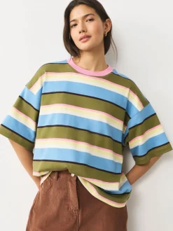 Blue/Green/Pink Striped Relaxed Boxy Elbow Length Crew Neck T-Shirt