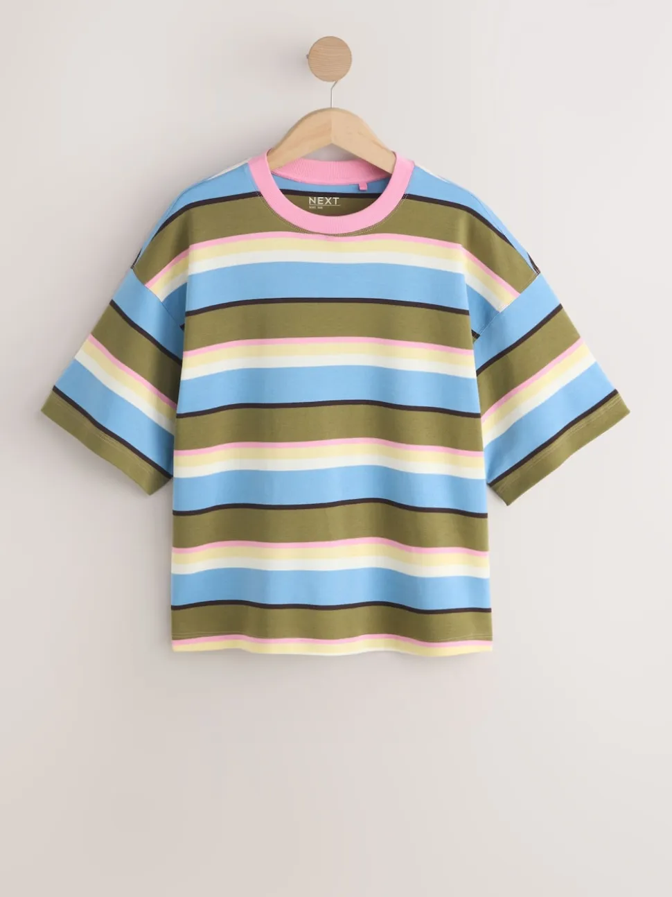 Blue/Green/Pink Striped Relaxed Boxy Elbow Length Crew Neck T-Shirt