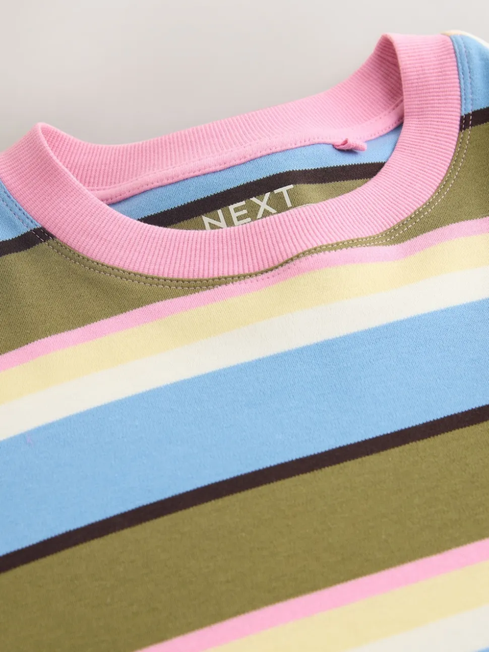 Blue/Green/Pink Striped Relaxed Boxy Elbow Length Crew Neck T-Shirt