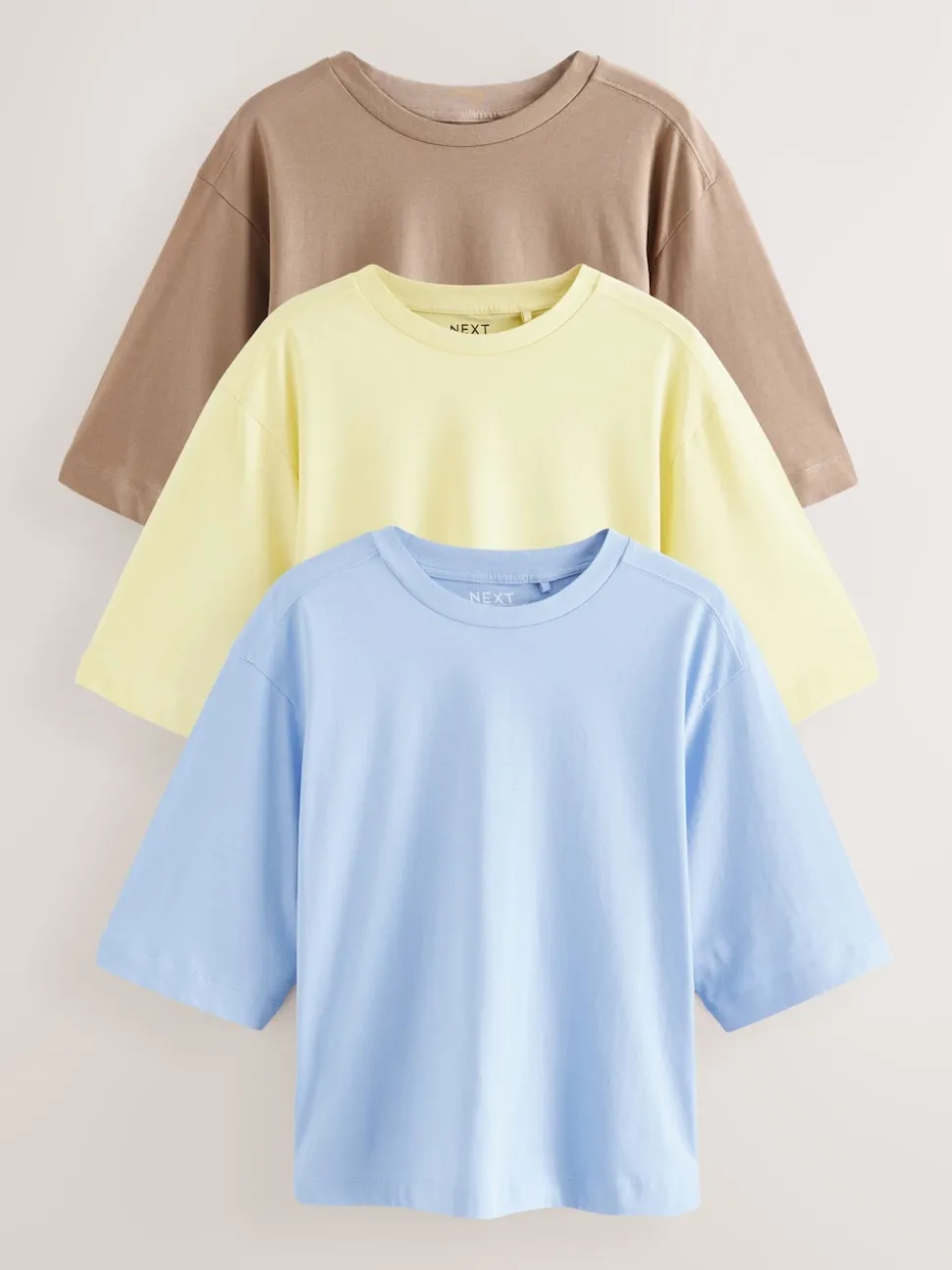 Blue/Lemon Yellow/Neutral Elbow Length Crew Neck 100% Cotton T-Shirts 3 Pack