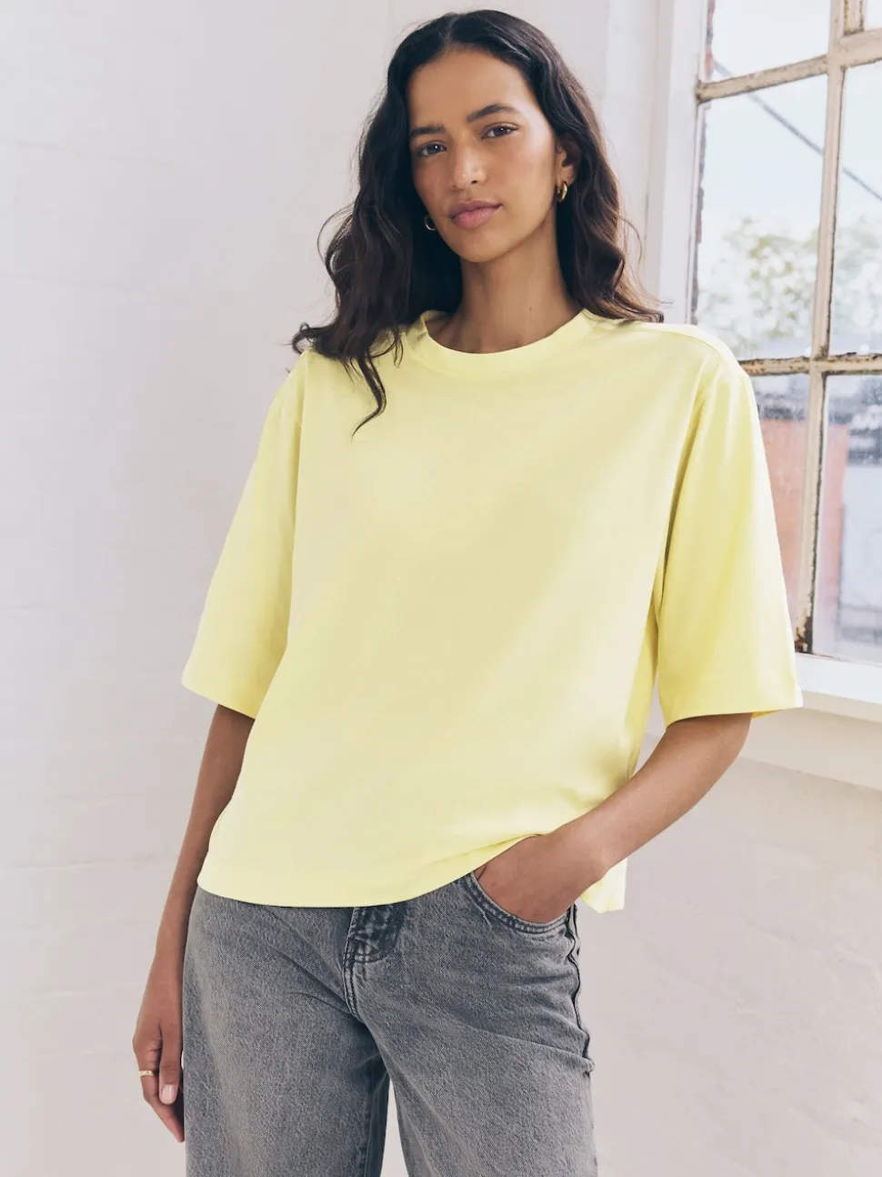Blue/Lemon Yellow/Neutral Elbow Length Crew Neck 100% Cotton T-Shirts 3 Pack